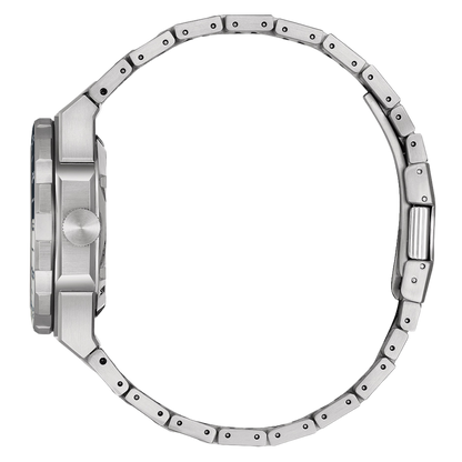 Close-up of a silver watch with a detailed metal band on a white background