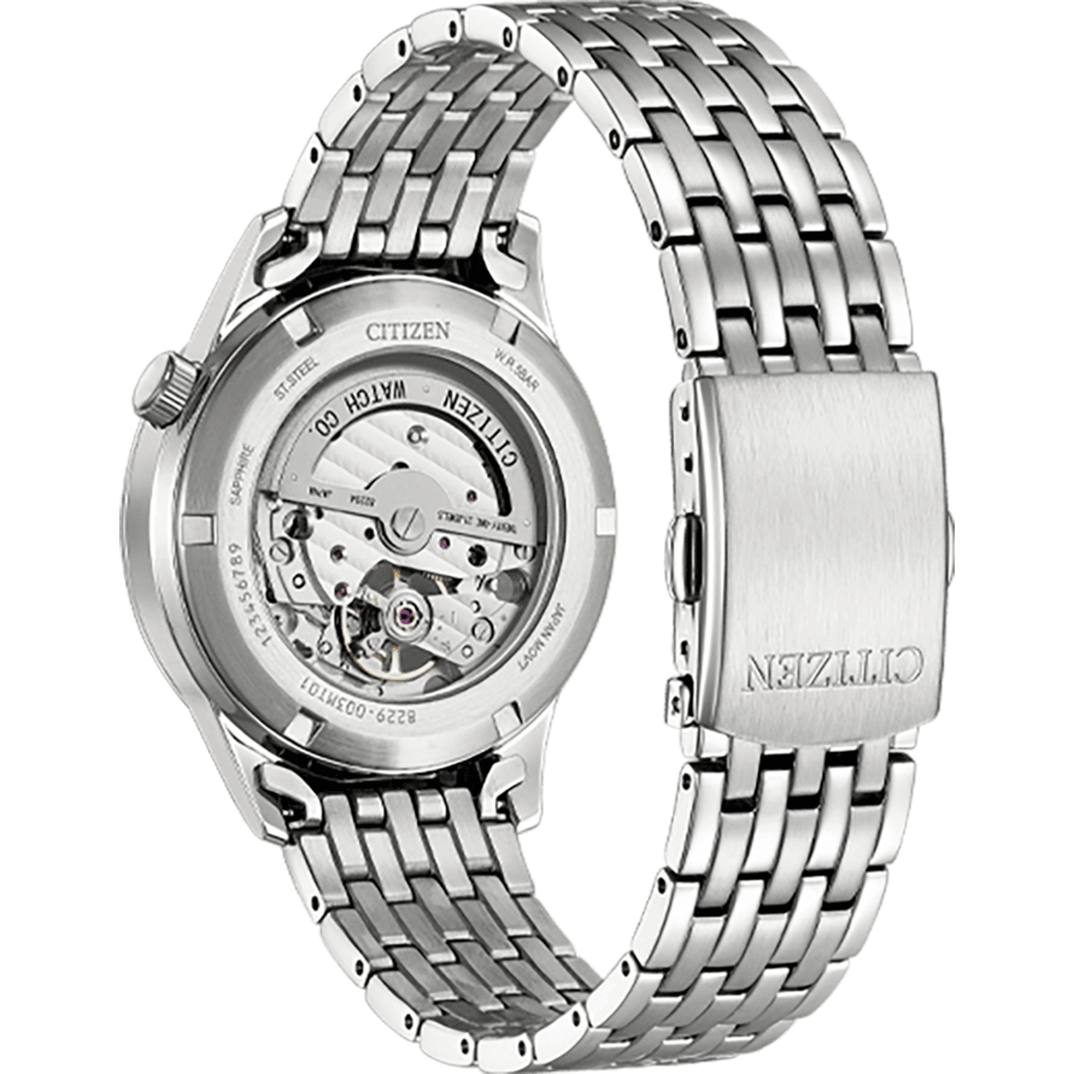 Silver Citizen watch with open face design on a white background
