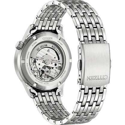 Silver Citizen watch with open face design on a white background