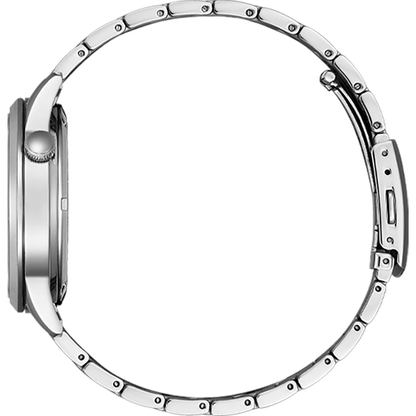 Close-up of a silver watch with detailed design on a white background