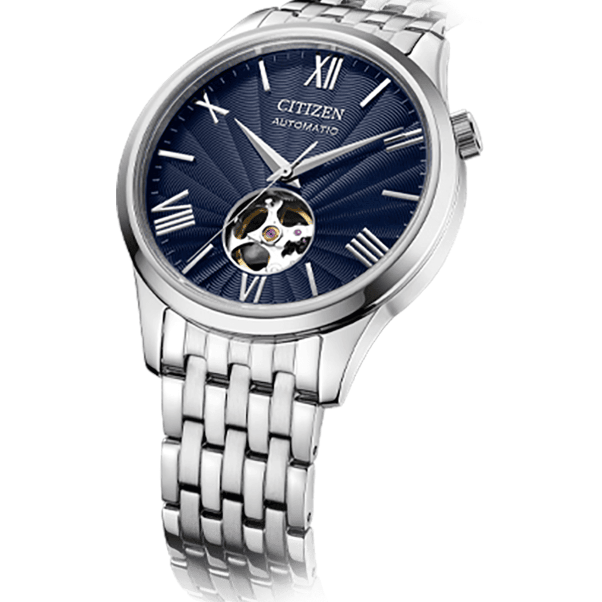 Citizen watch with blue dial and silver metal bracelet on a white background