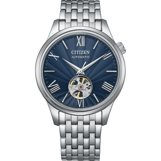 Citizen watch with blue dial and silver metal bracelet on a white background