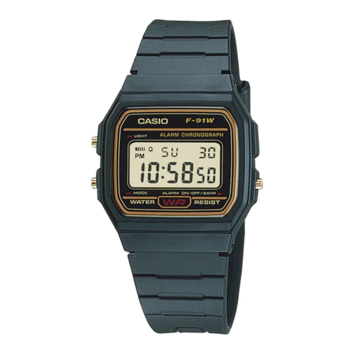 Black Casio digital watch on a white background