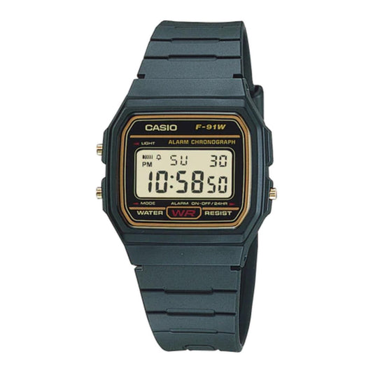 Black Casio digital watch on a white background