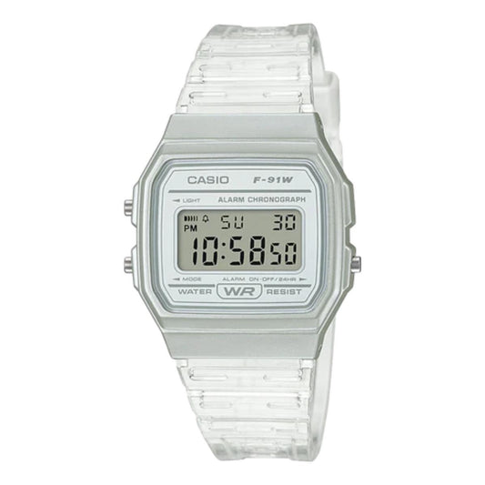 Casio digital watch with clear strap on a white background