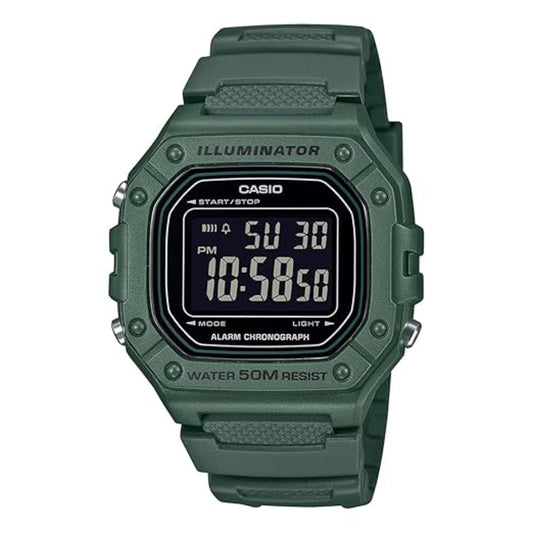 Green Casio digital watch on a white background