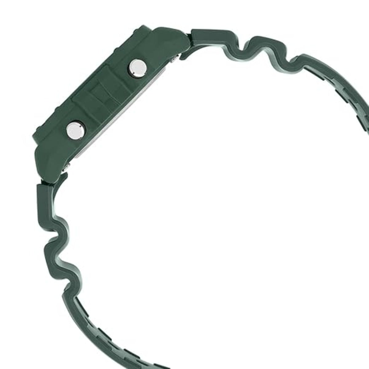 Green metal ring with wavy design on a white background