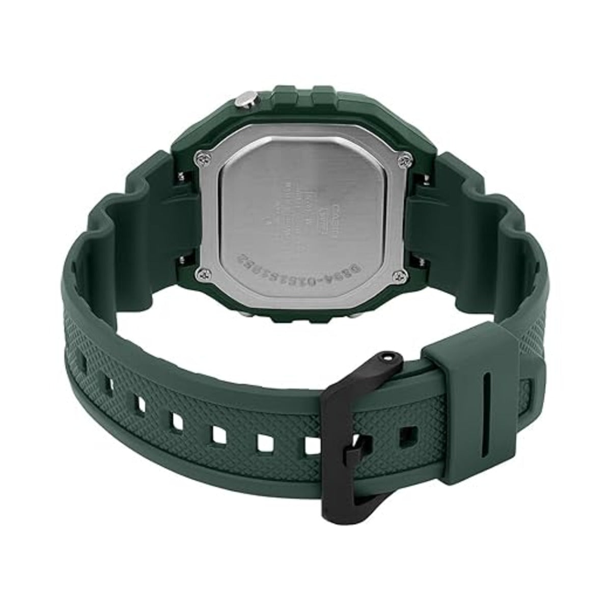 Green watch with a metallic back on a white background