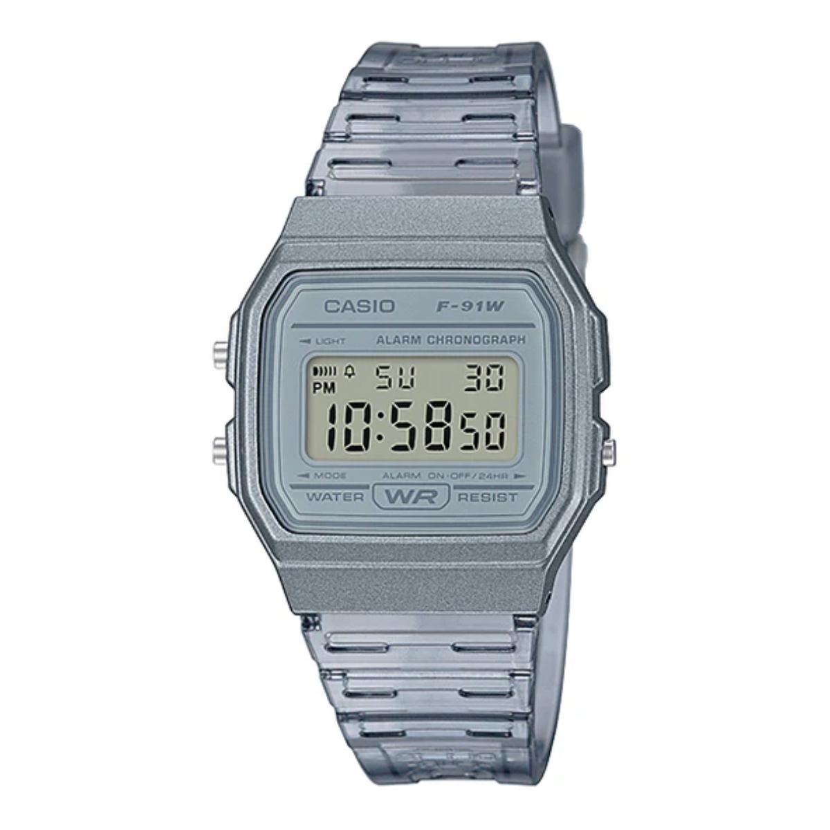 Silver Casio digital watch on a white background