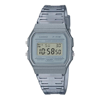 Silver Casio digital watch on a white background