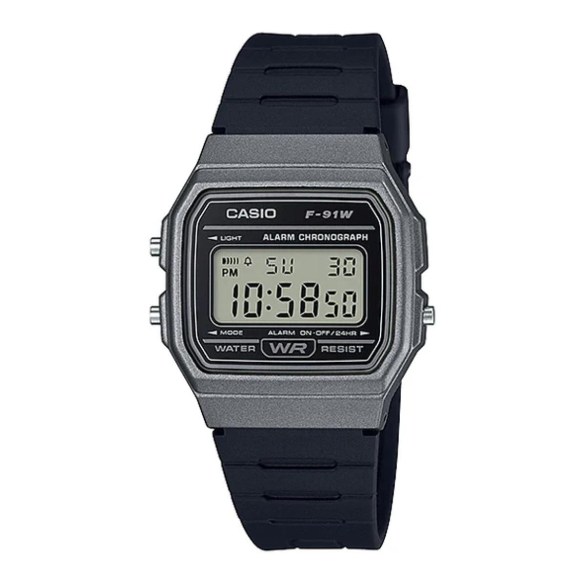 Black Casio digital watch on a white background