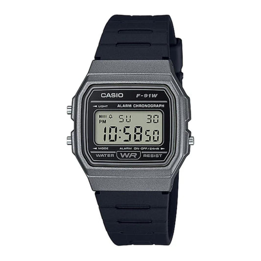 Black Casio digital watch on a white background