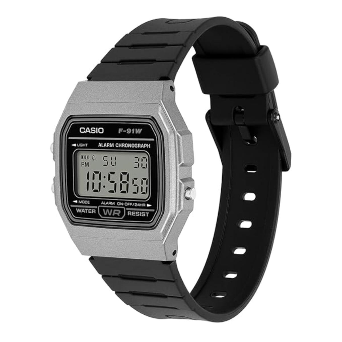Digital watch with black strap and silver casing on a white background