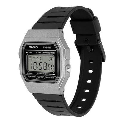 Digital watch with black strap and silver casing on a white background