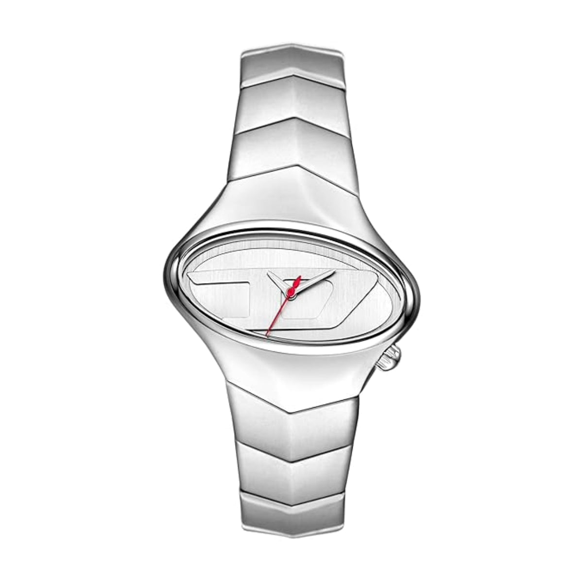 Silver watch with a unique design on a white background