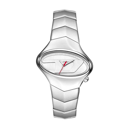 Silver watch with a unique design on a white background