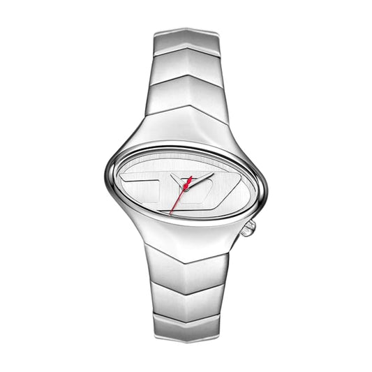 Silver watch with a unique design on a white background