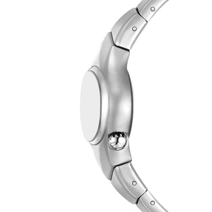 Close-up of a silver watch band on a white background