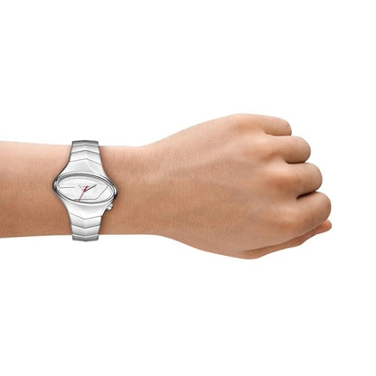 Silver watch on a wrist against a white background