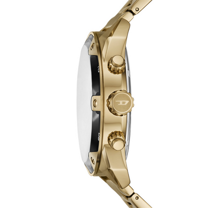 Gold watch with detailed case on a white background