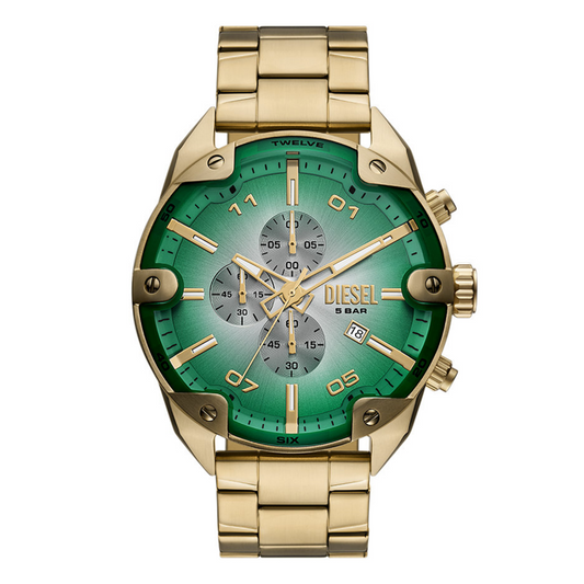 Gold and green Diesel watch on a white background