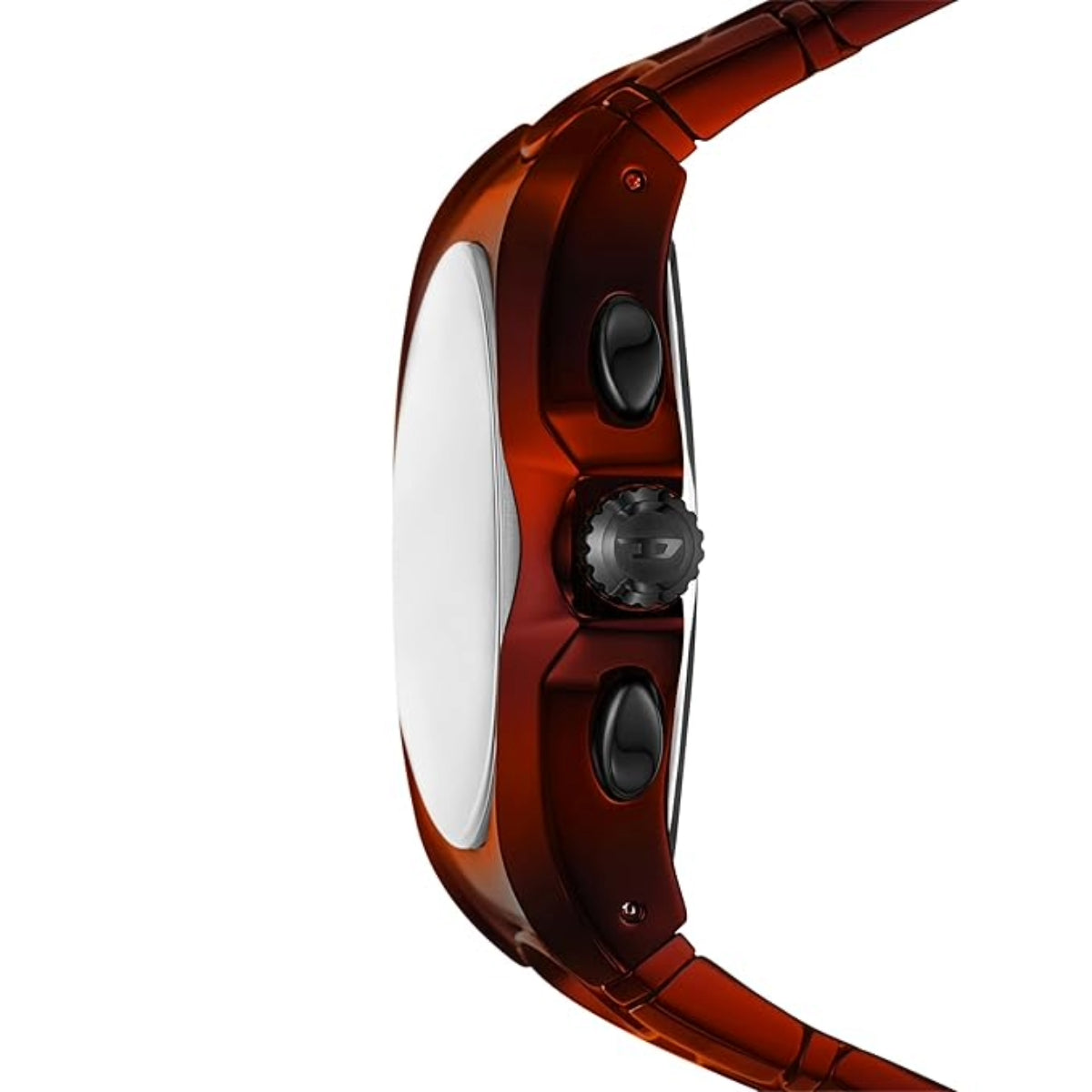 Close-up of a red watch with a white face on a white background