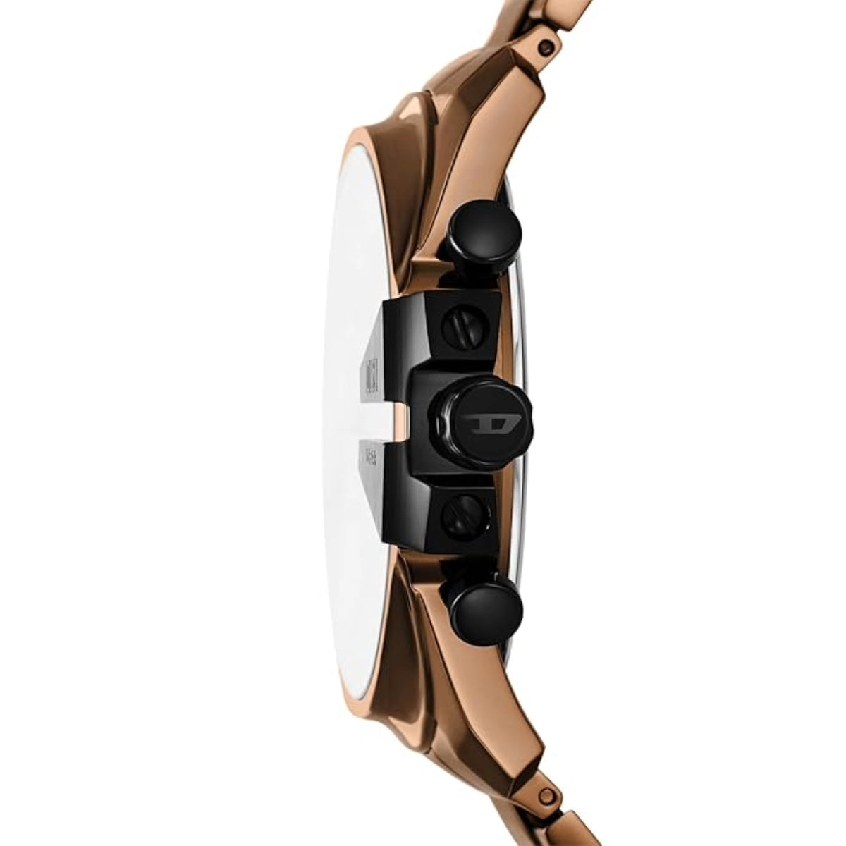 Rose gold watch with clear face and black accents on a white background