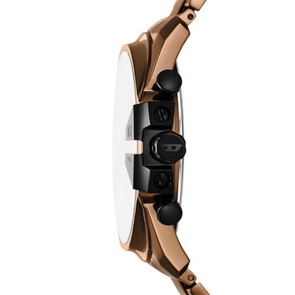 Rose gold watch with clear face and black accents on a white background