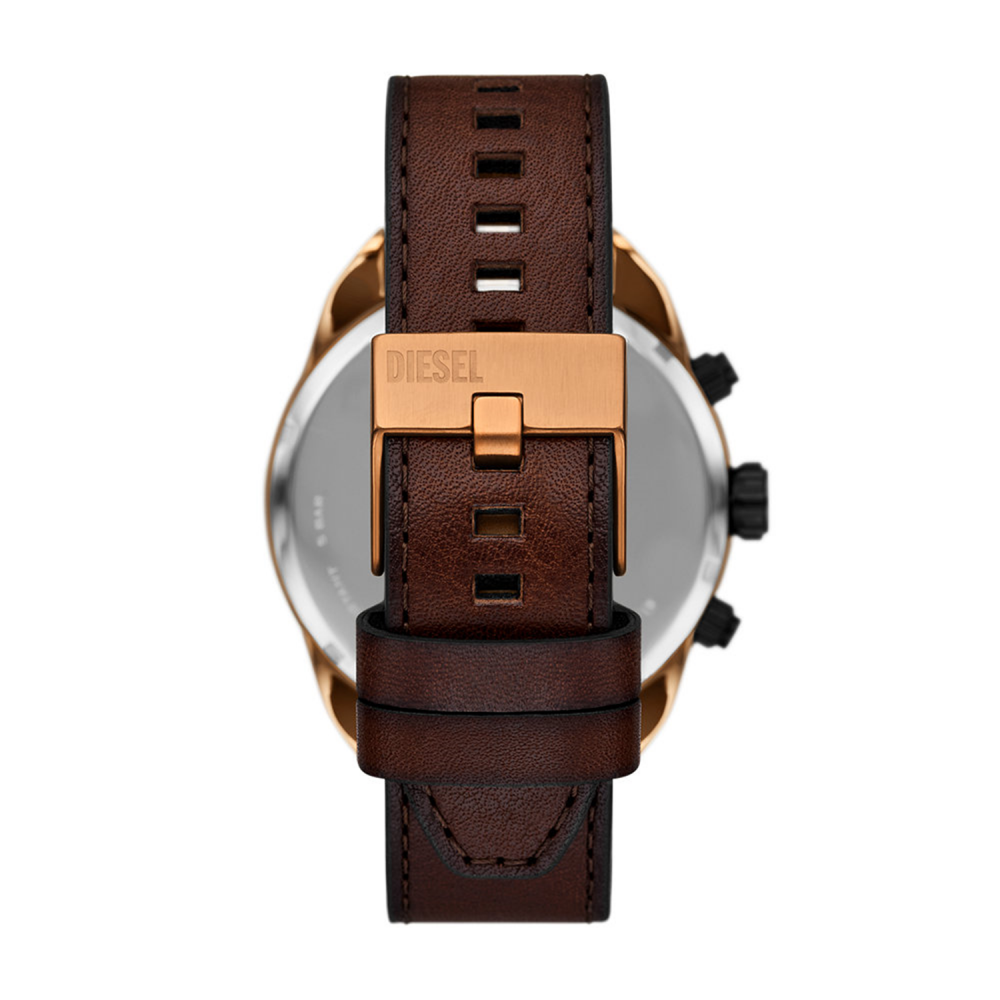 Dielse watch with brown leather strap and rose gold case on a white background