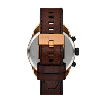 Dielse watch with brown leather strap and rose gold case on a white background