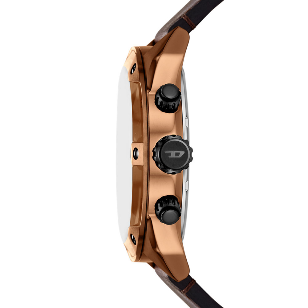 Rose gold watch with black accents on a white background
