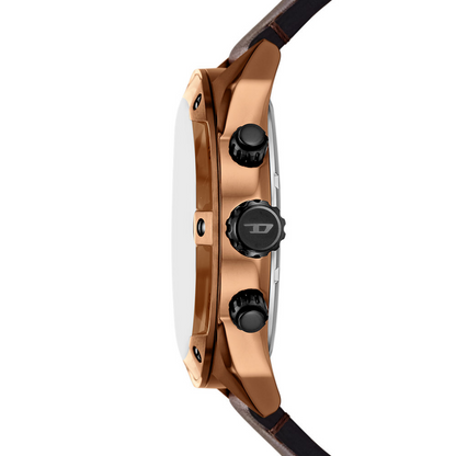 Rose gold watch with black accents on a white background