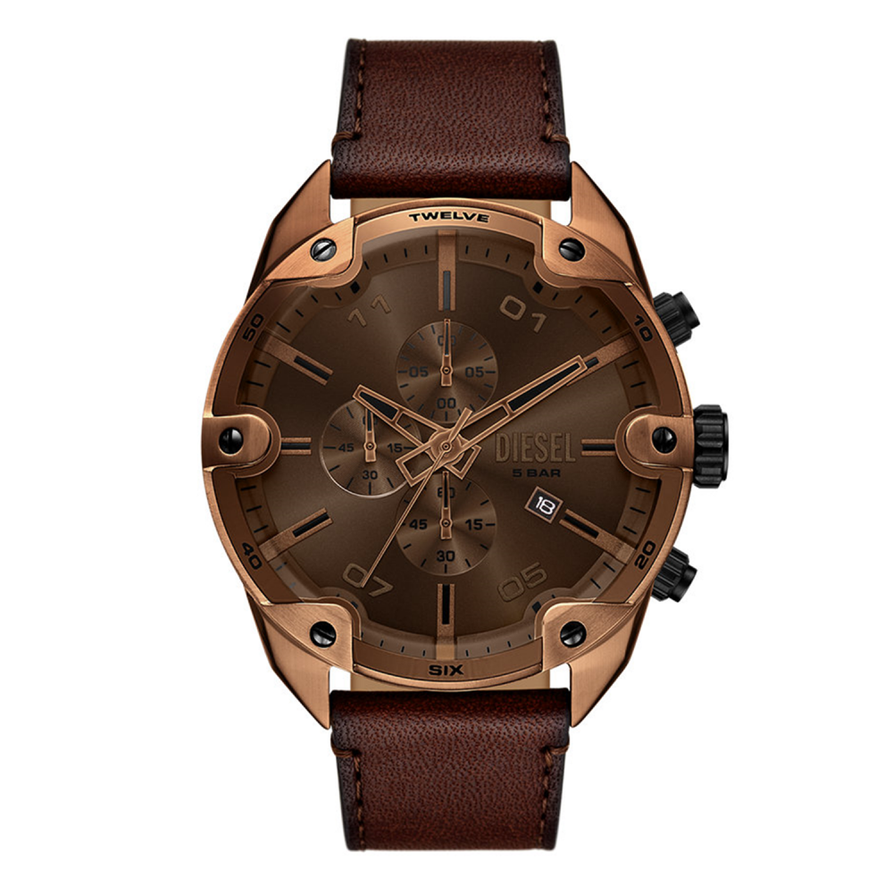 Brown Diesel watch with brown leather strap on a white background