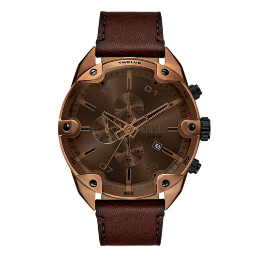 Brown Diesel watch with brown leather strap on a white background