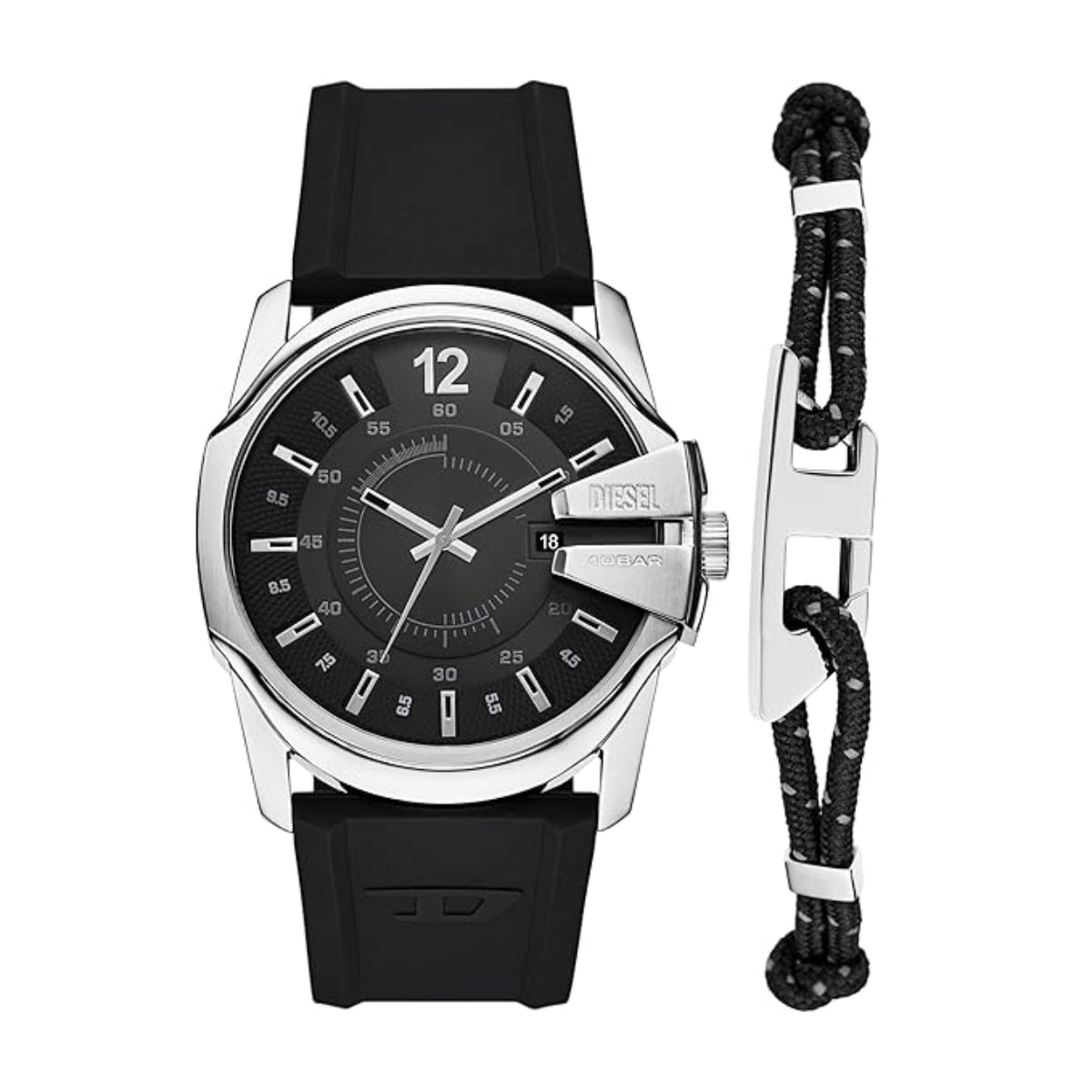 Black watch with silver case and black strap, accompanied by a matching bracelet on a white background