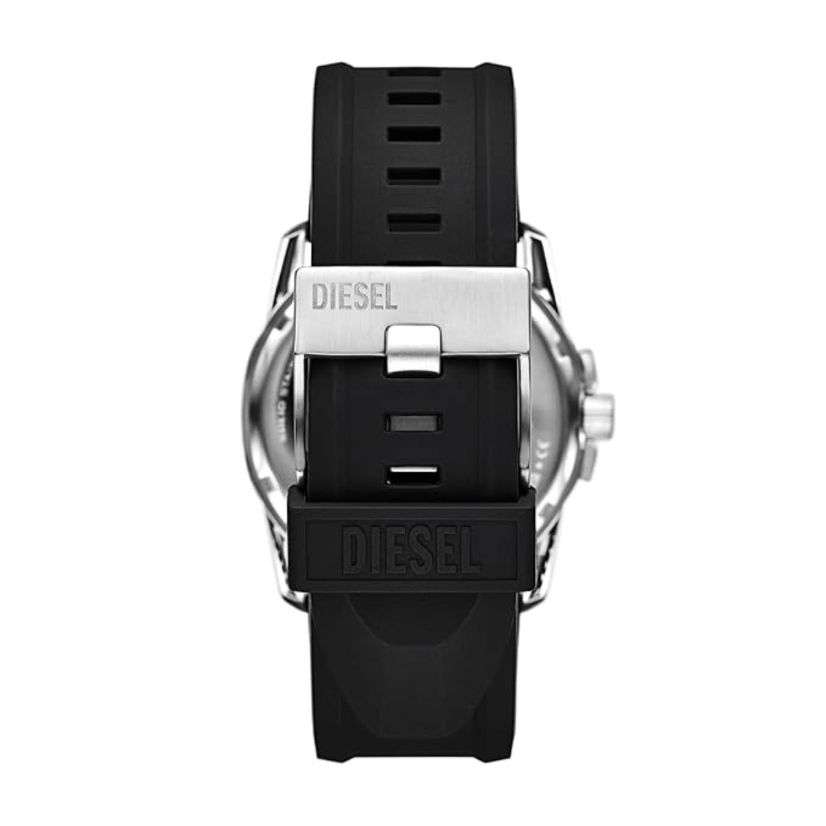 Back view of a Diesel watch with black strap and silver case on a white background