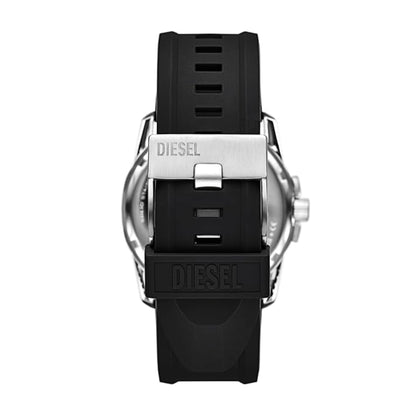 Back view of a Diesel watch with black strap and silver case on a white background