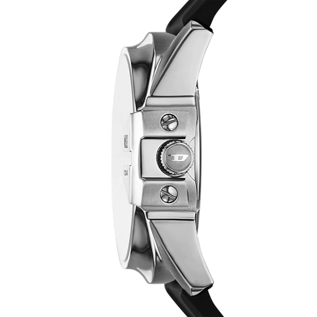 Close-up of a silver watch with a black strap on a white background