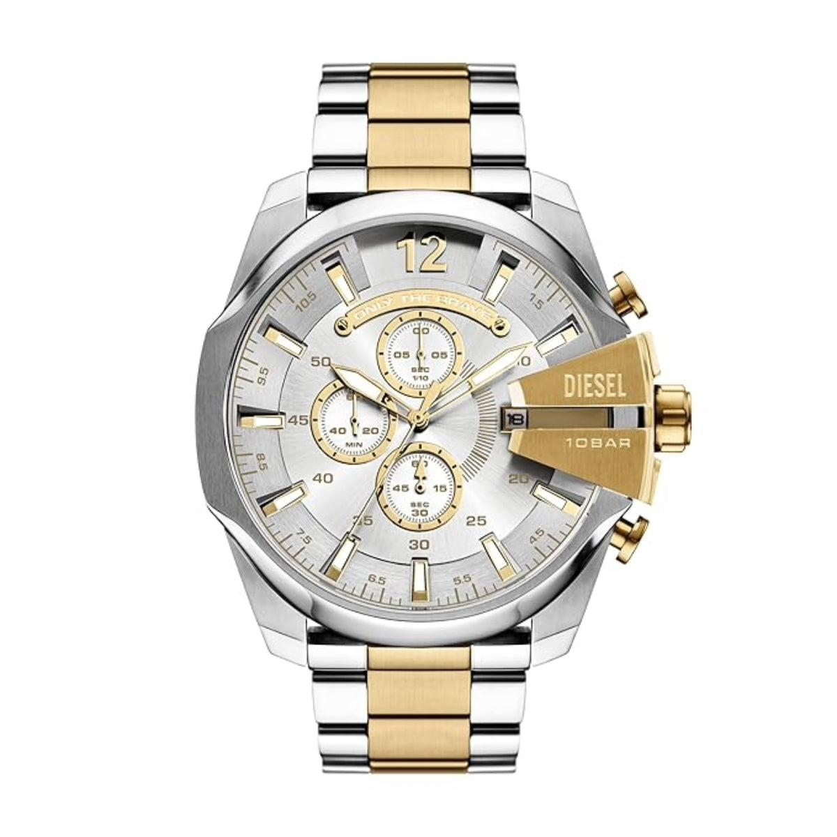 Two-tone silver and gold Diesel watch on a white background
