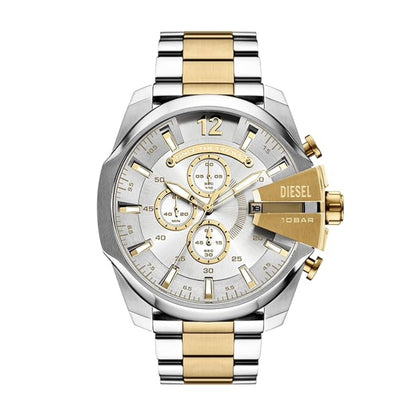 Two-tone silver and gold Diesel watch on a white background