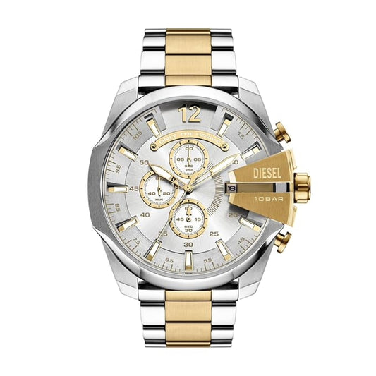 Two-tone silver and gold Diesel watch on a white background