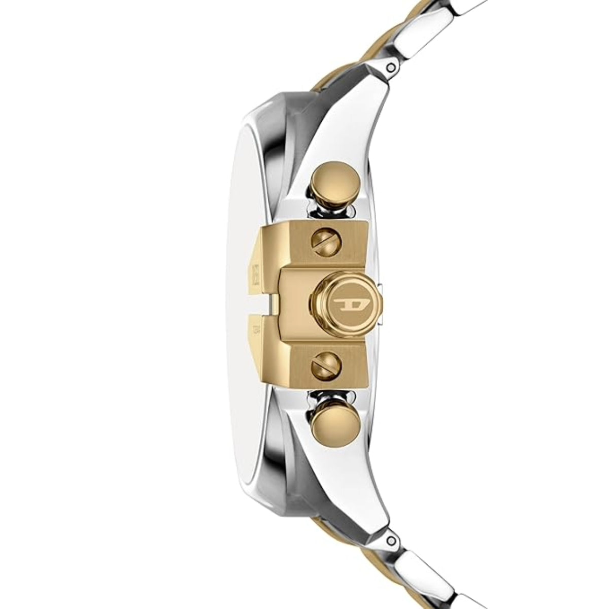 Two-tone watch with gold and silver design on a white background