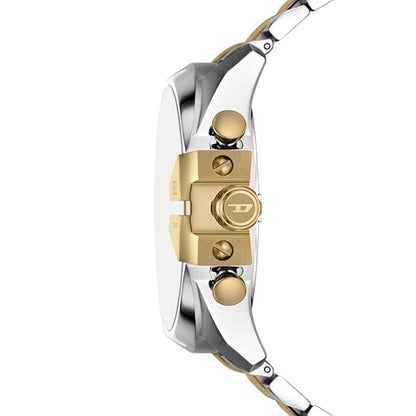 Two-tone watch with gold and silver design on a white background
