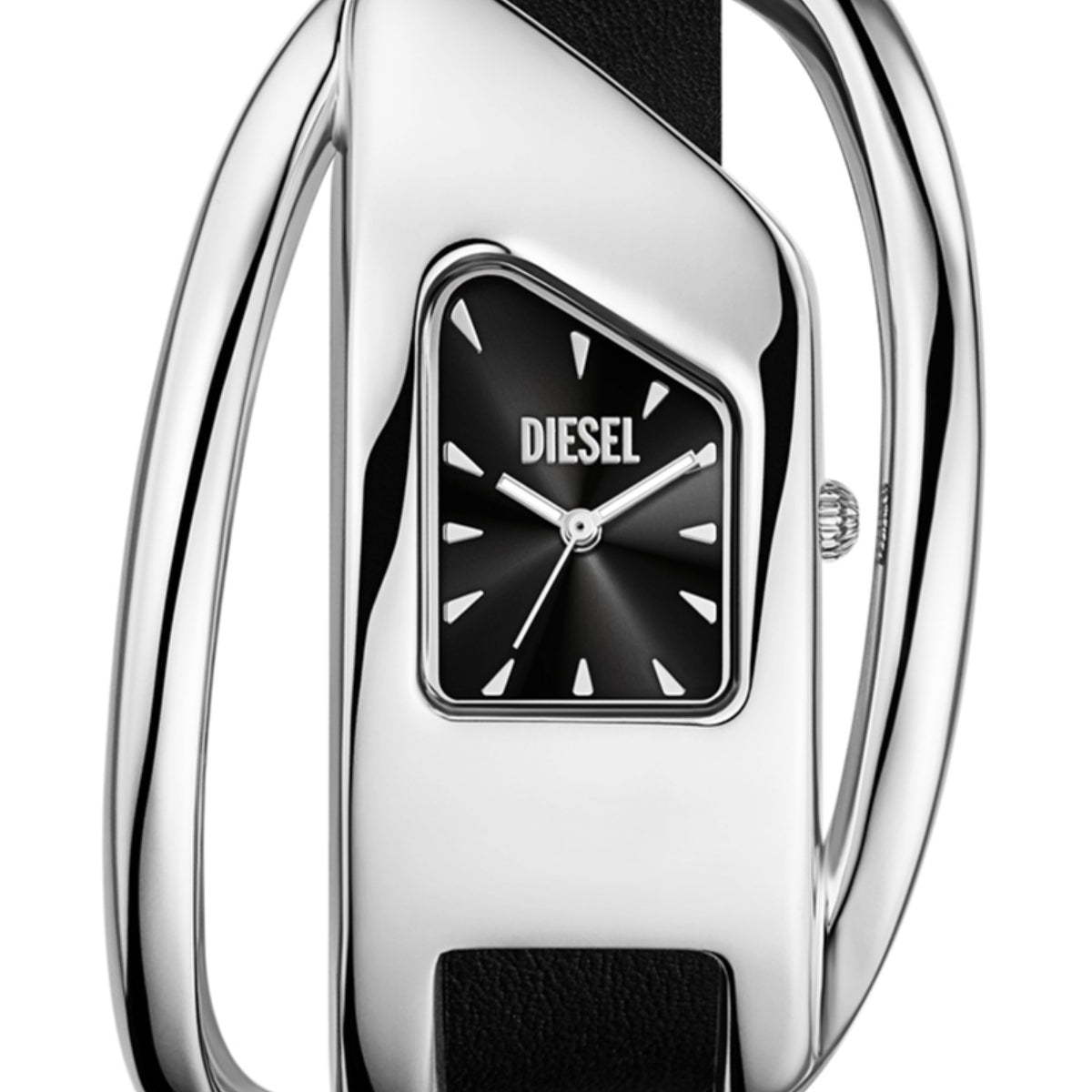 Diesel watch with silver case and black face on a white background