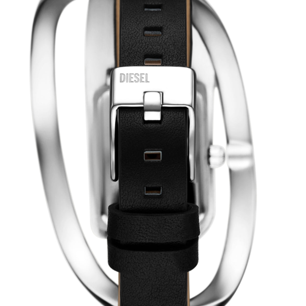 Close-up of a Diesel watch with a black strap on a white background