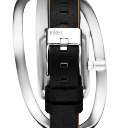 Close-up of a Diesel watch with a black strap on a white background
