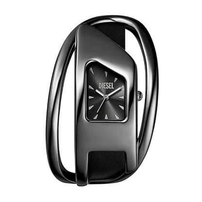 Black Diesel watch with a unique design on a white background