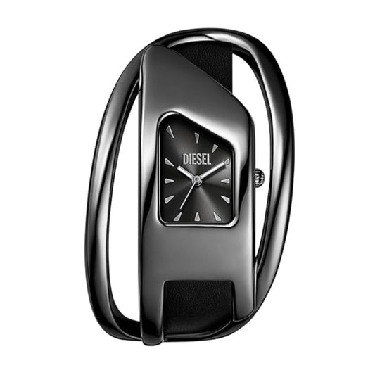Black Diesel watch with a unique design on a white background