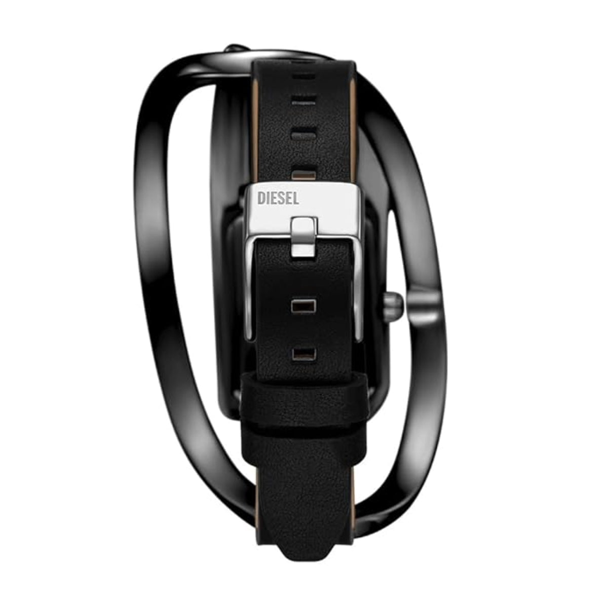 Black Diesel watch with a black strap on a white background