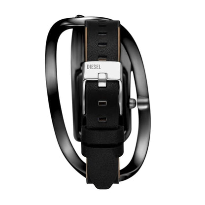 Black Diesel watch with a black strap on a white background